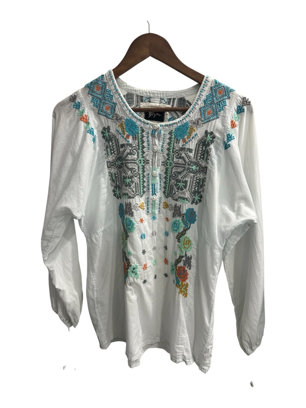 BIYA JOHNNY WAS Tunic Top Small Boho Embroidered Floral Festival Peasant